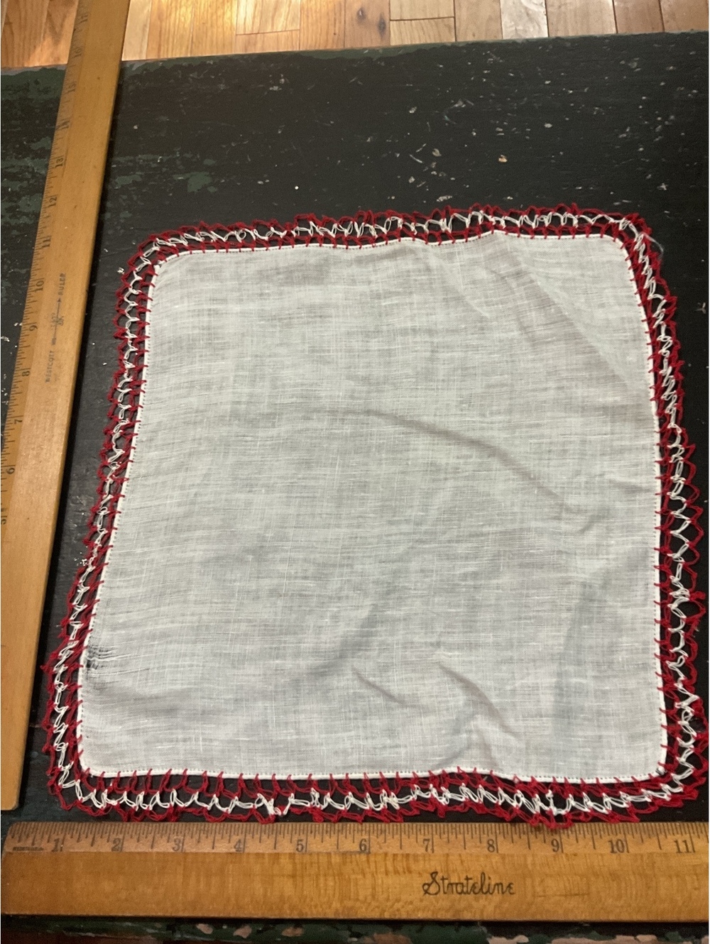 Vintage White Linen Handkerchief with Red and White Crocheted Edging